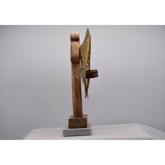 Tea Light Wooden Angel with Gold Metal Wings on Marble base - Picture 3 of 4